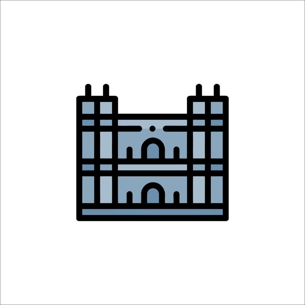 A building icon in black and white vector