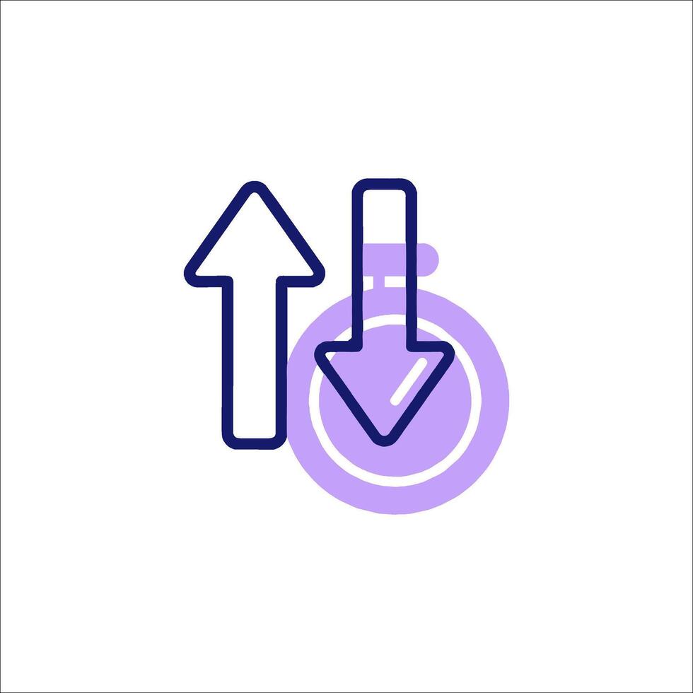 A purple and white icon of a clock with an arrow pointing up vector