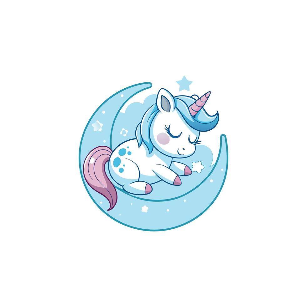 Cute Unicorn Sleeping On Moon Cartoon Illustration. Animal Space Concept Isolated. Flat Cartoon Style vector