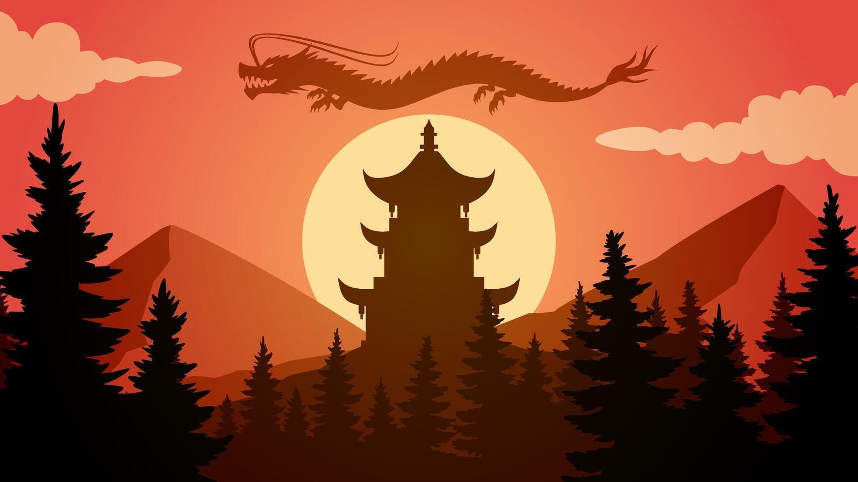 Landscape illustration of temple at mountain with chinese dragon vector