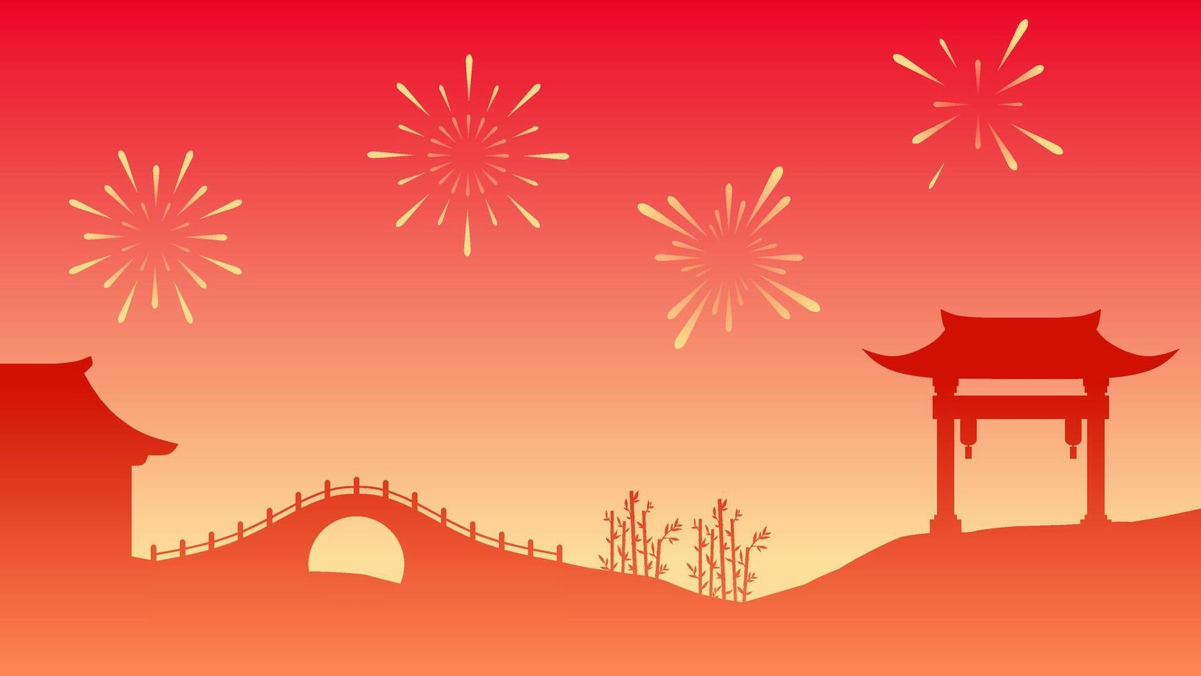 Landscape illustration of chinese new year celebration with fireworks vector