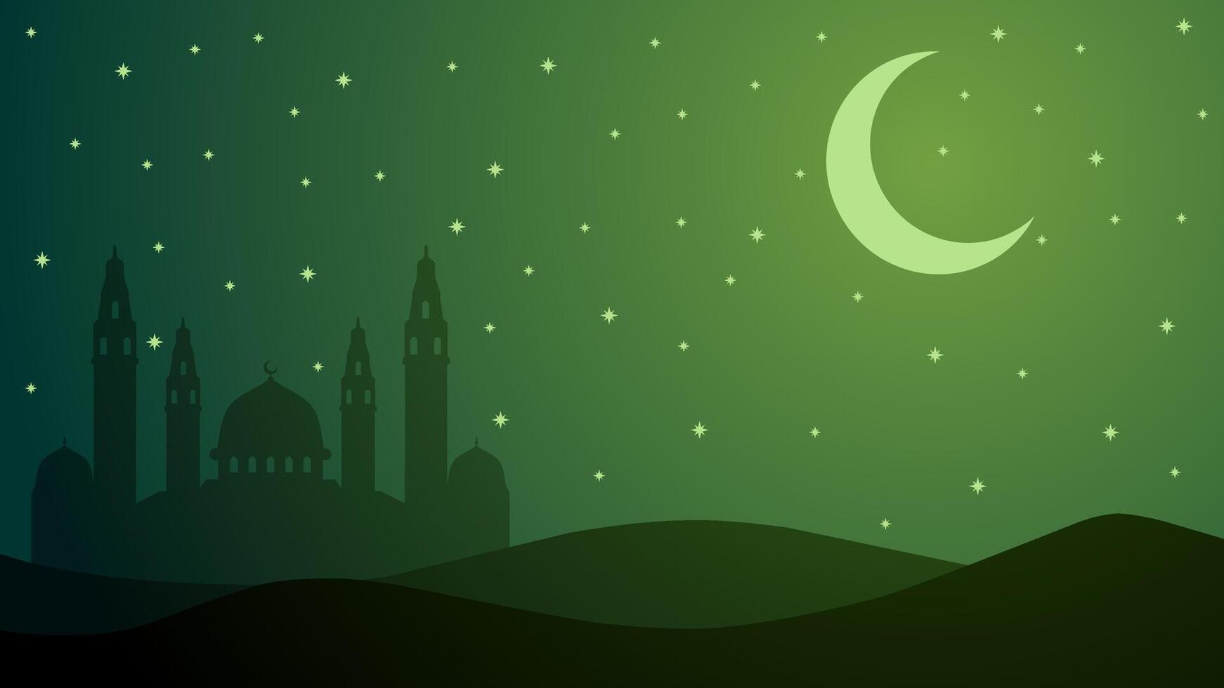 Landscape illustration of mosque with crescent moon and starry sky vector
