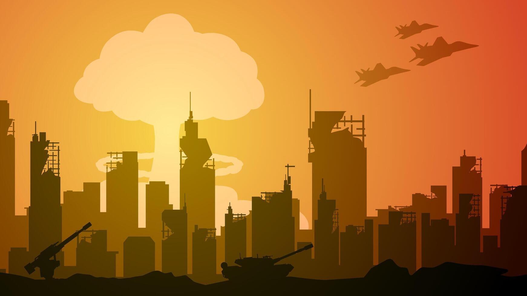 Landscape illustration of war with nuclear explosion in destroyed city vector