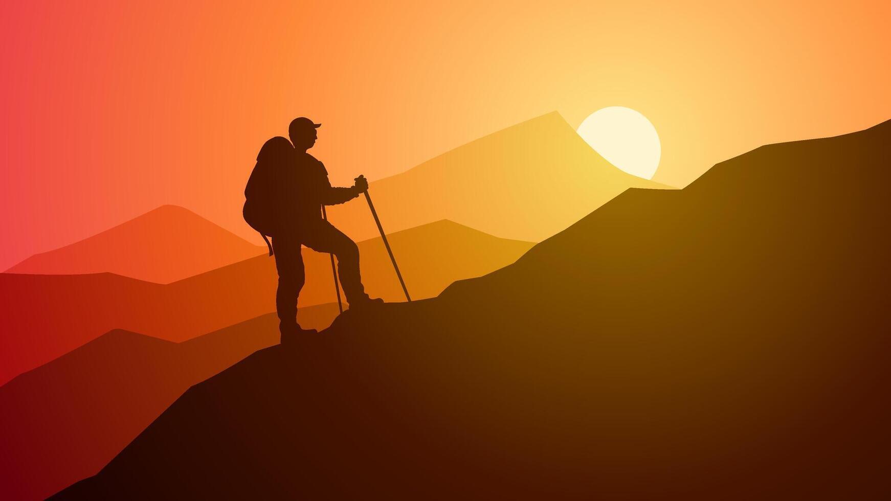 Landscape illustration of hiker against mountain range with sunset sky vector