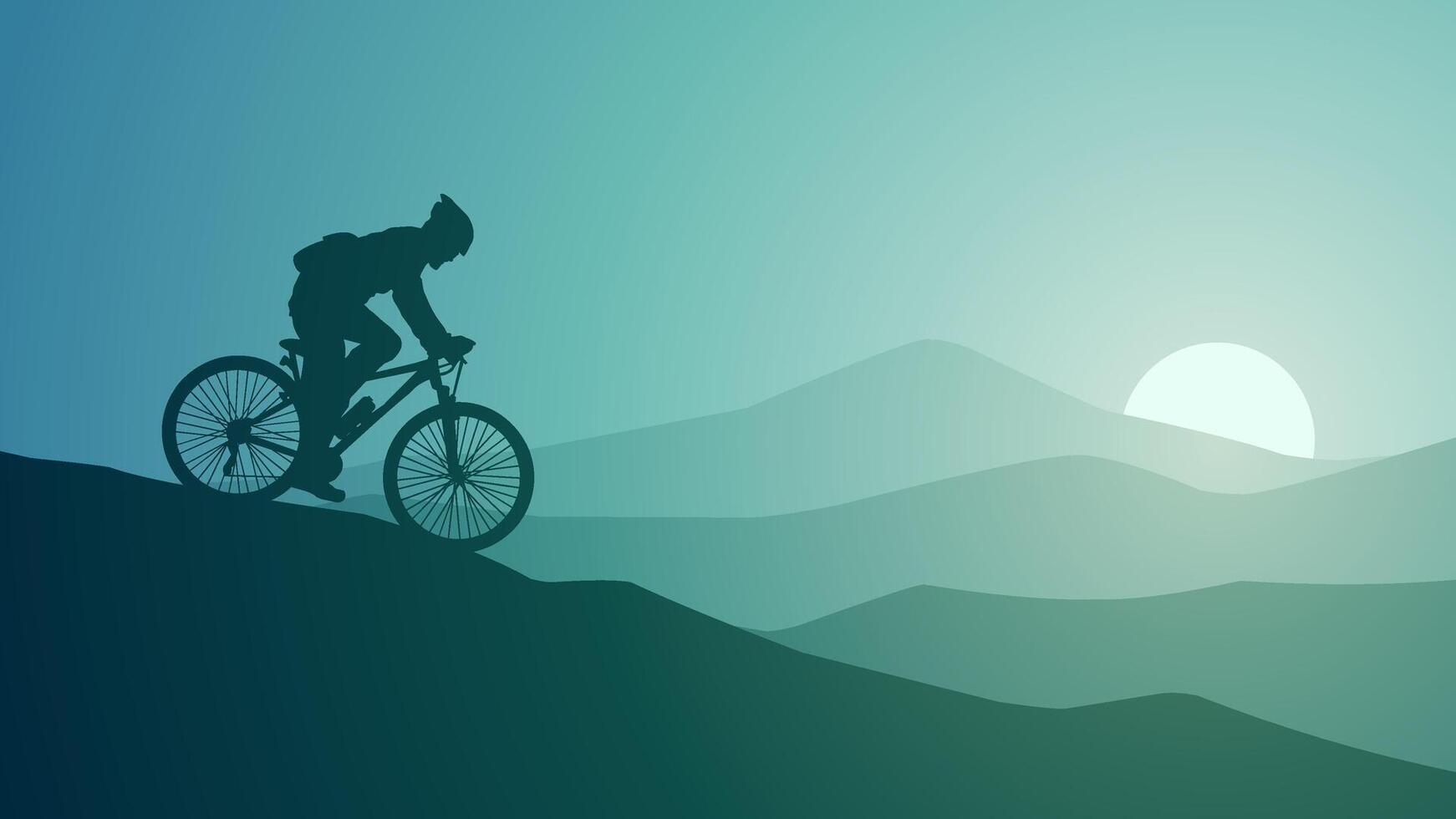 Landscape illustration of a mountain biker silhouette with shiny sky vector
