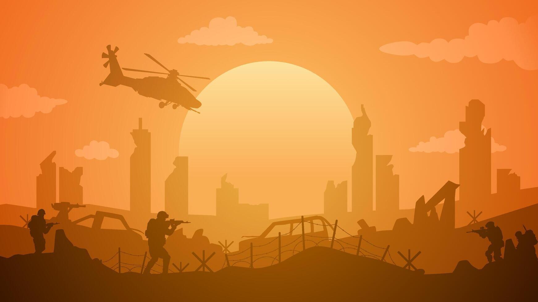 Landscape illustration of destroyed city in war with military conflict vector