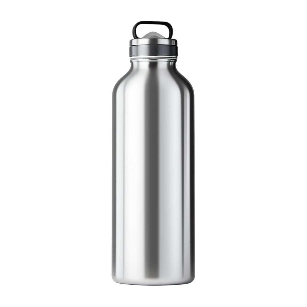 A stainless steel reusable water bottle with a narrow neck and black screwon cap png