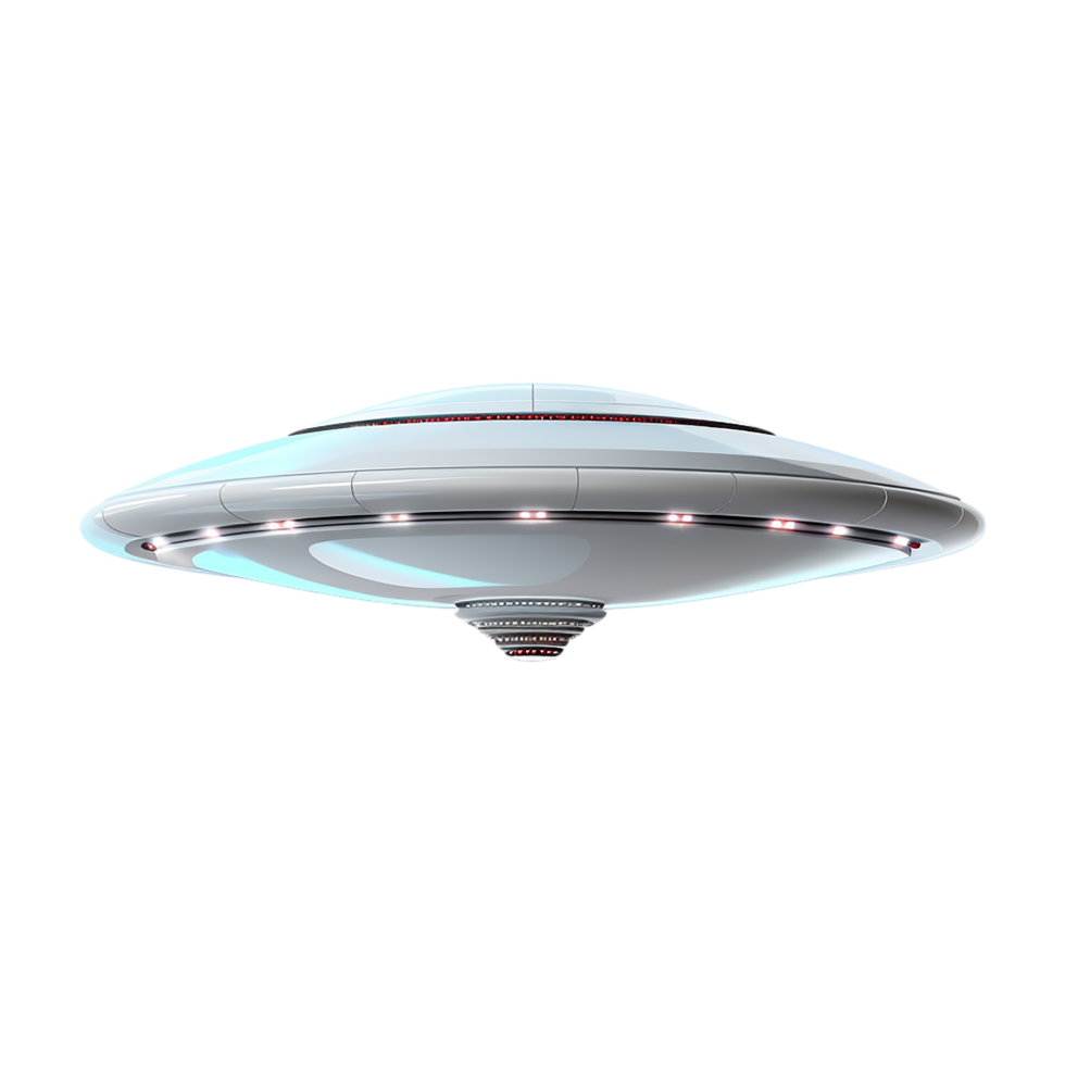 Futuristic silver flying saucer UFO with glowing lights hovering in space png