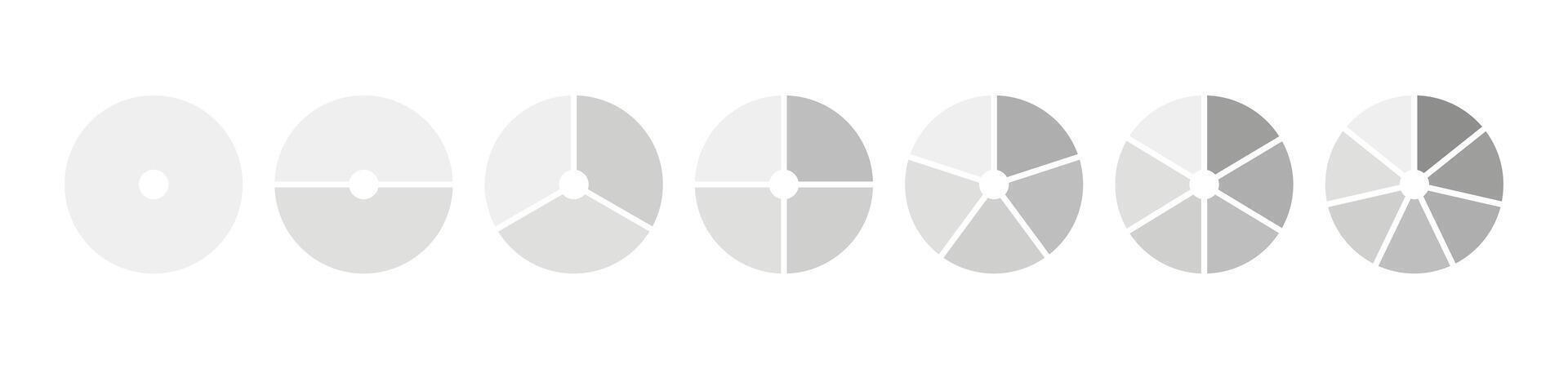 Wheel round divided diagrams, one, two, three, four, five, six, seven segments. Coaching blank. Circle division, 1, 2, 3, 4, 5, 6, 7 equal parts. Infographic set. vector