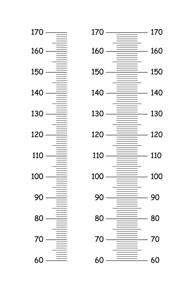 Set of kids height chart from 60 to 170 centimeters. Templates for wall growth stickers isolated on a white background. Meter wall, growth ruler. Graphic mockup. vector