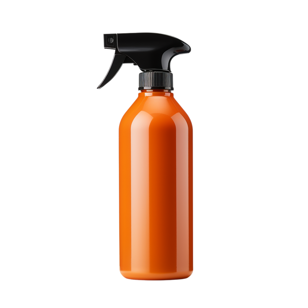 Vibrant orange spray bottle used for cleaning, misting, watering plants, and general household applications png