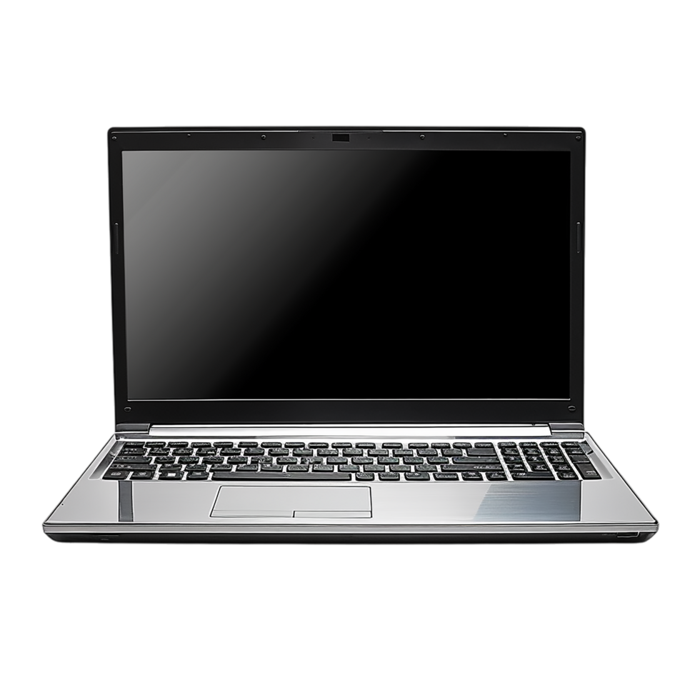 Modern black laptop computer with blank screen displayed on a clean for design png