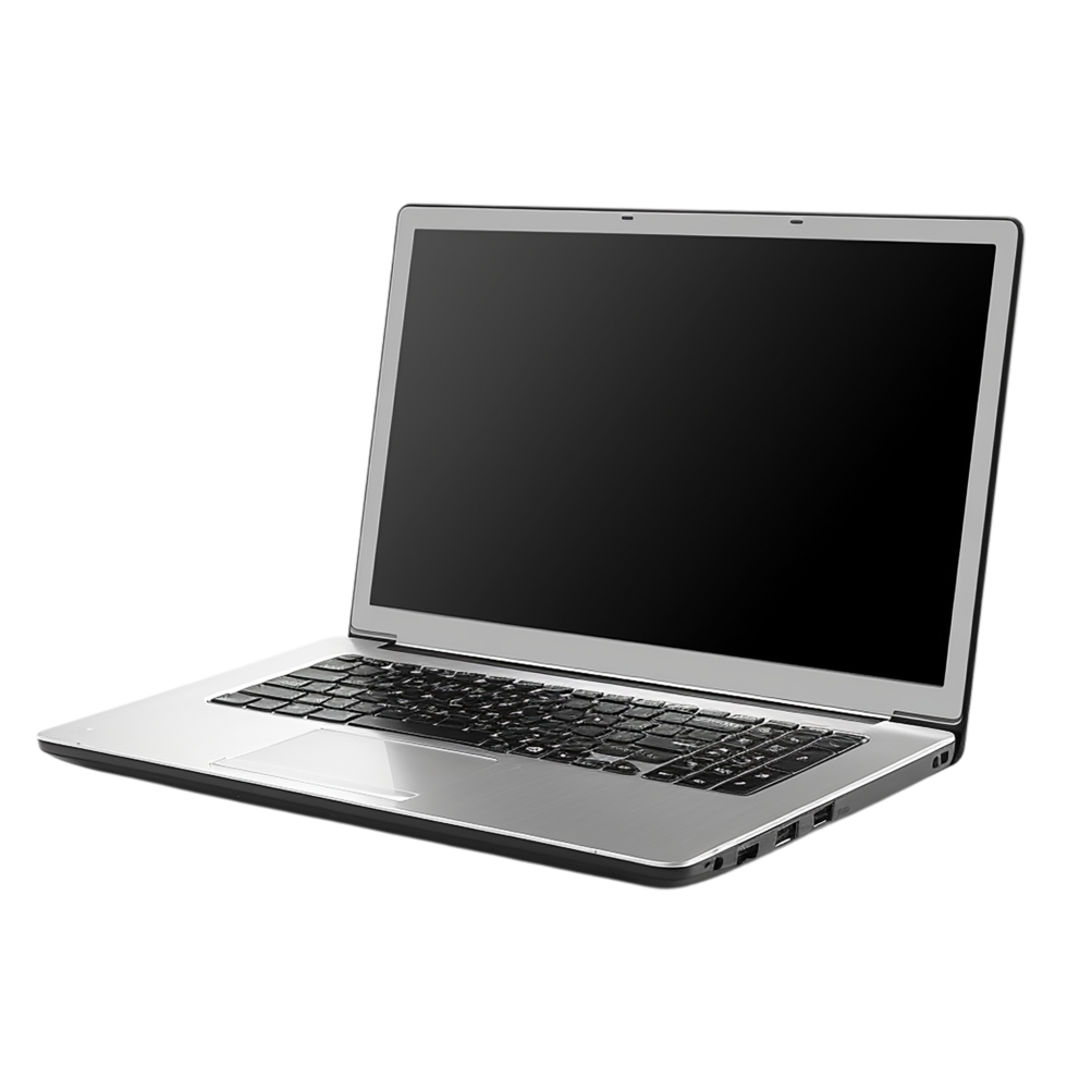 Modern slim black laptop with sleek design, open screen, and metallic surface finish png