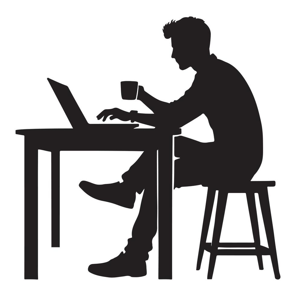 Silhouette of a Man Relaxing with Laptop and Coffee vector