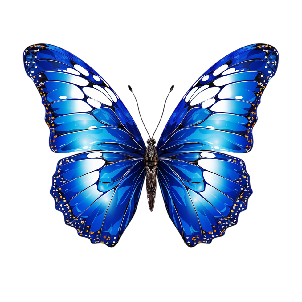 Blue butterfly with vibrant wings spread wide displaying intricate and colorful patterns png
