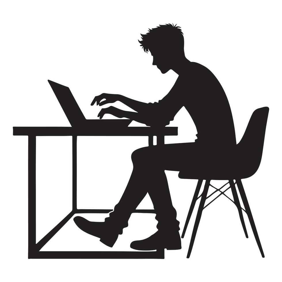 Silhouette of a Man Working on His Laptop at a Desk vector