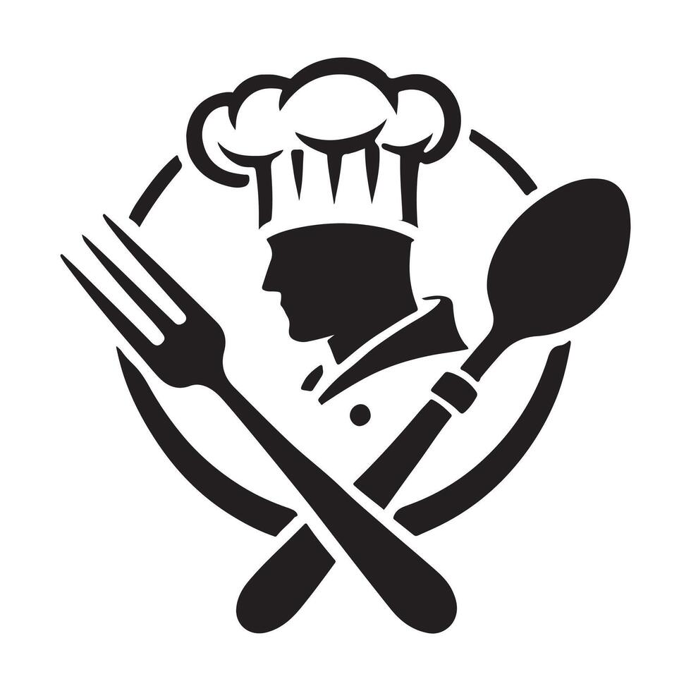 Chef Silhouette Logo Design with Crossed Fork and Spoon vector
