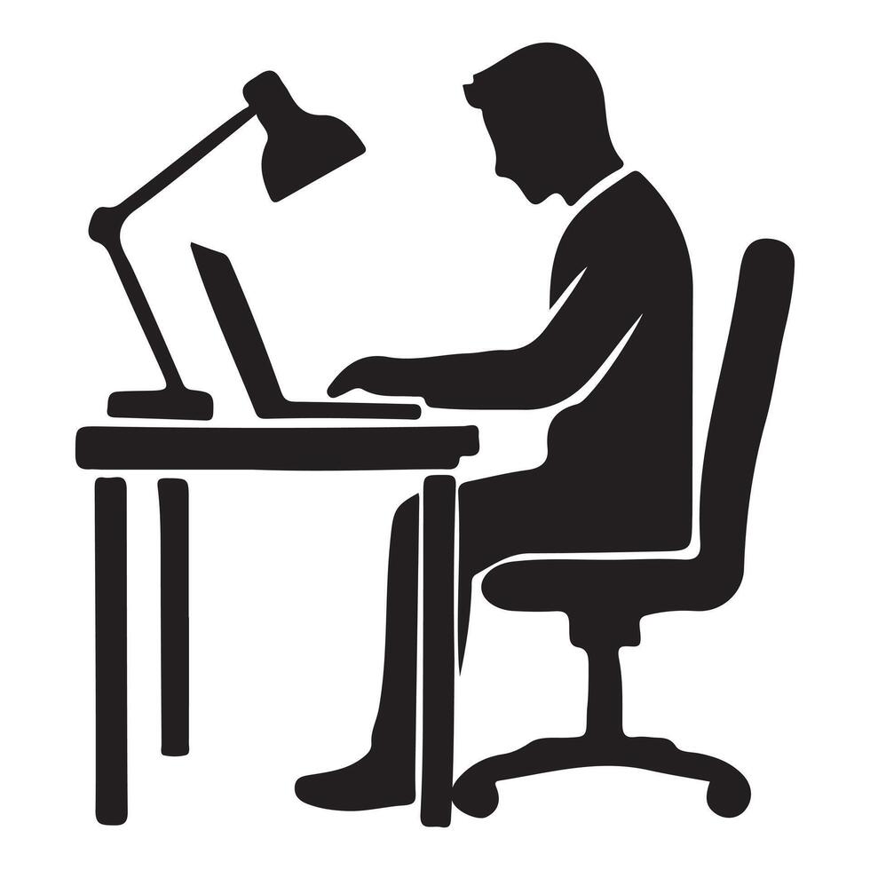 Silhouette of a Man Working on His Laptop at a Desk with a Lamp vector