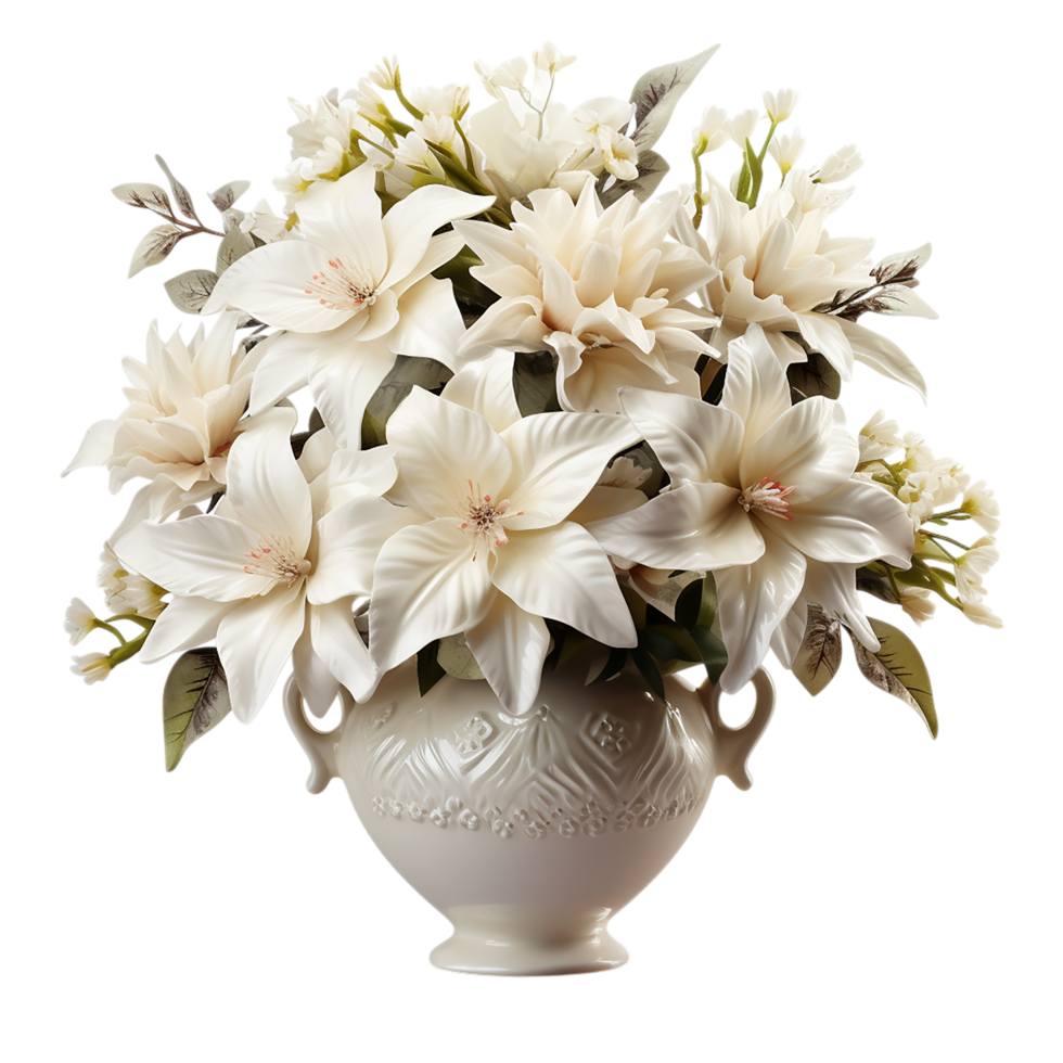 White lily bouquet arranged elegantly in a ceramic vase with blooming petals png