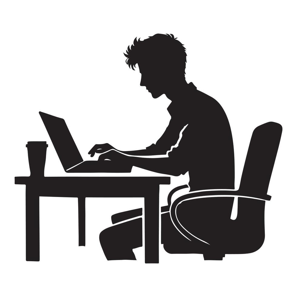 Silhouette of Man Working on Laptop at Desk Illustration vector