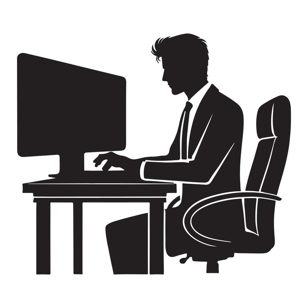 Silhouette of a Businessman Using Desktop Computer at His Desk vector