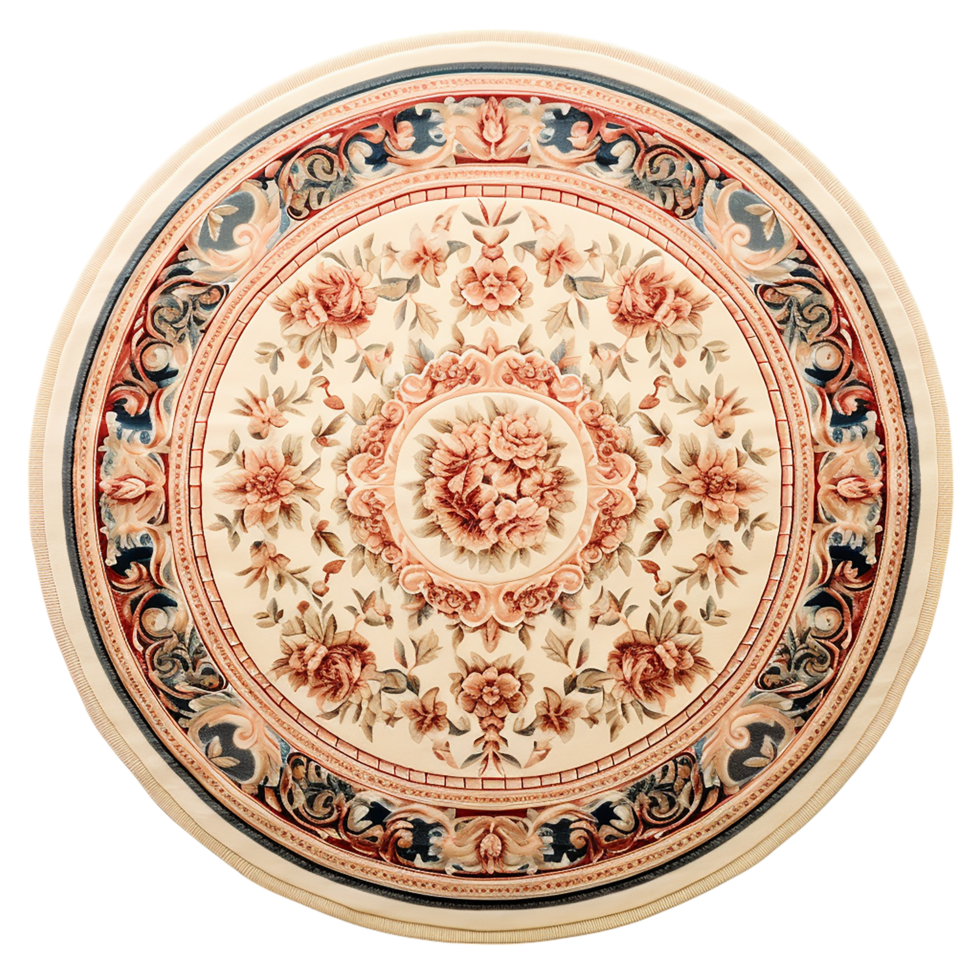 Circular decorative Persian rug with intricate floral patterns in beige and red ornate design png