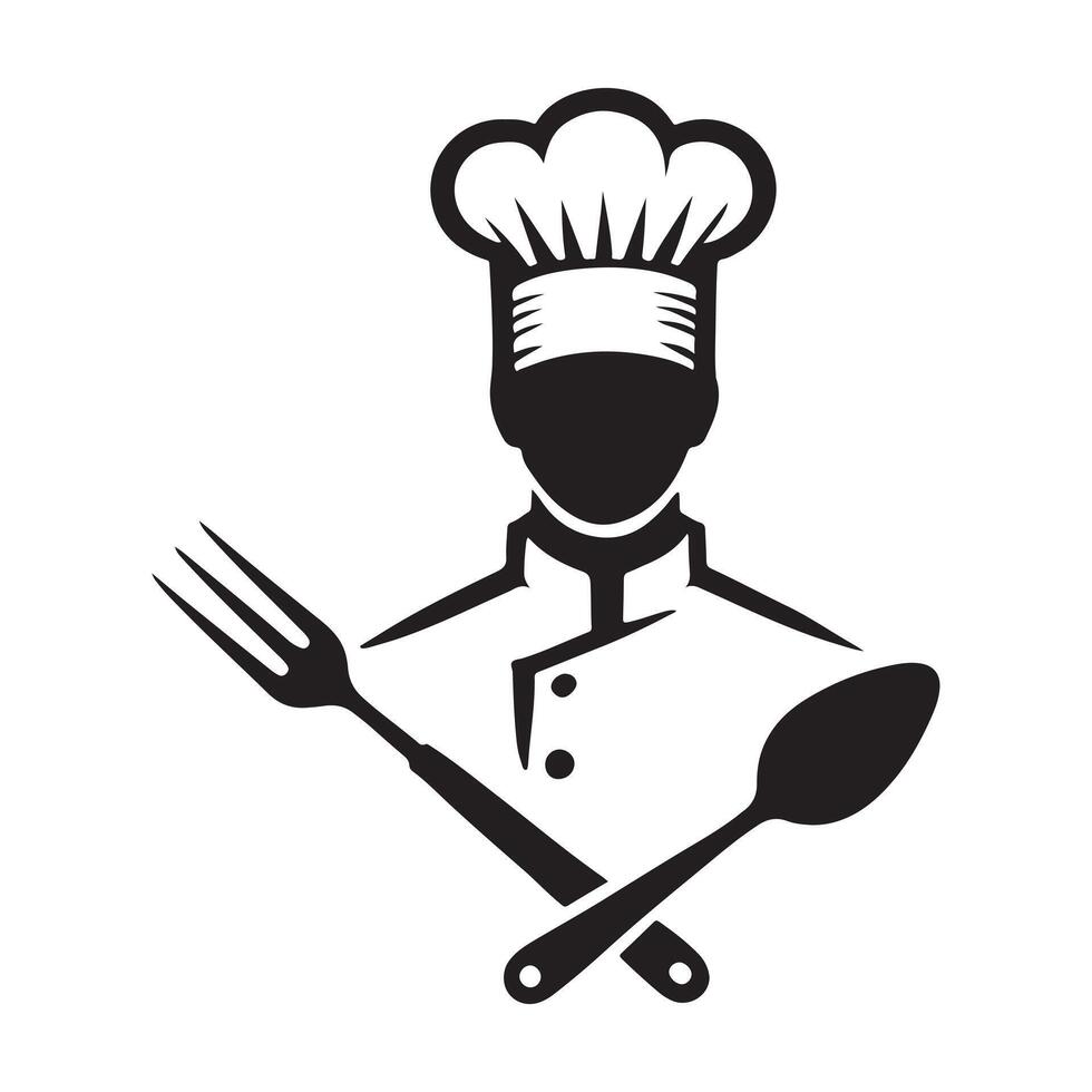 Chef Silhouette Icon with Crossed Spoon and Fork vector