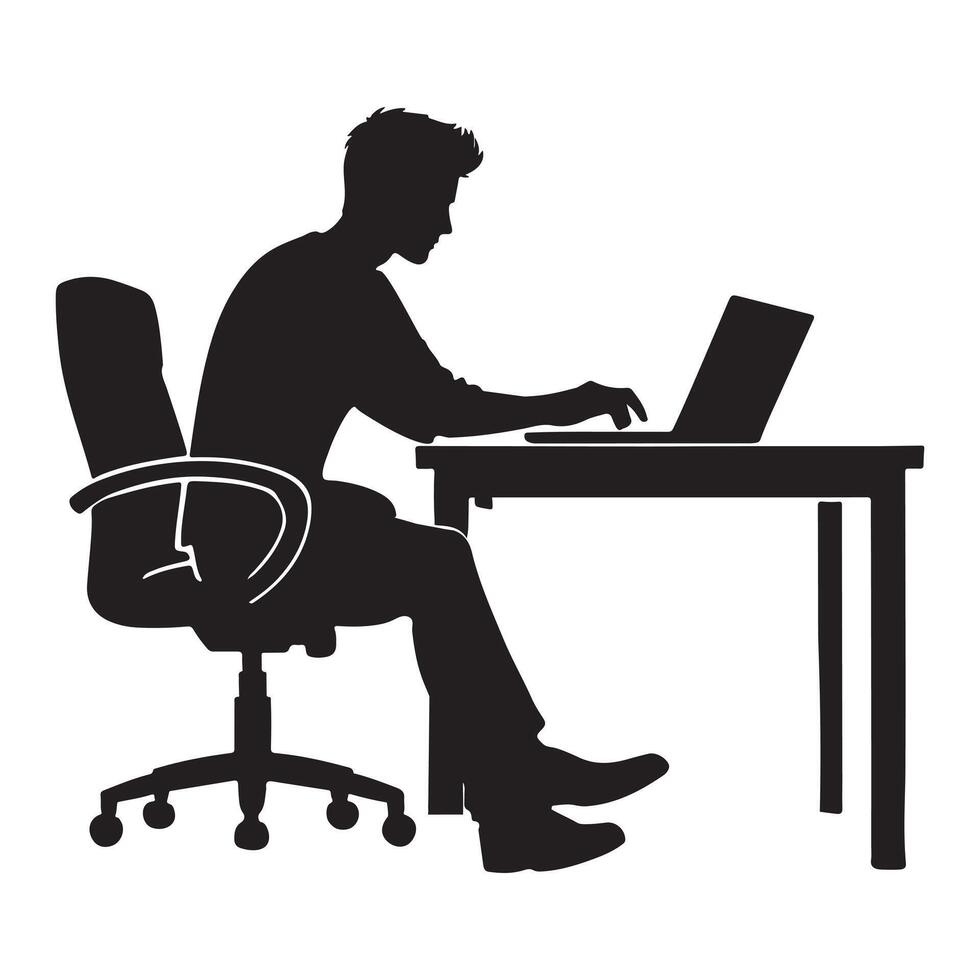 Silhouette of Man Working on Laptop at Desk vector