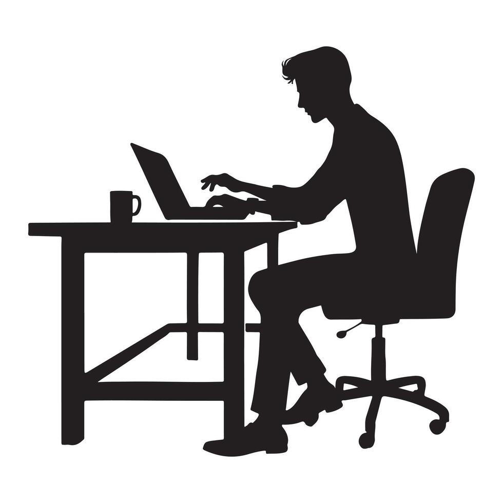 Silhouette of a Man Working on Laptop at His Desk vector
