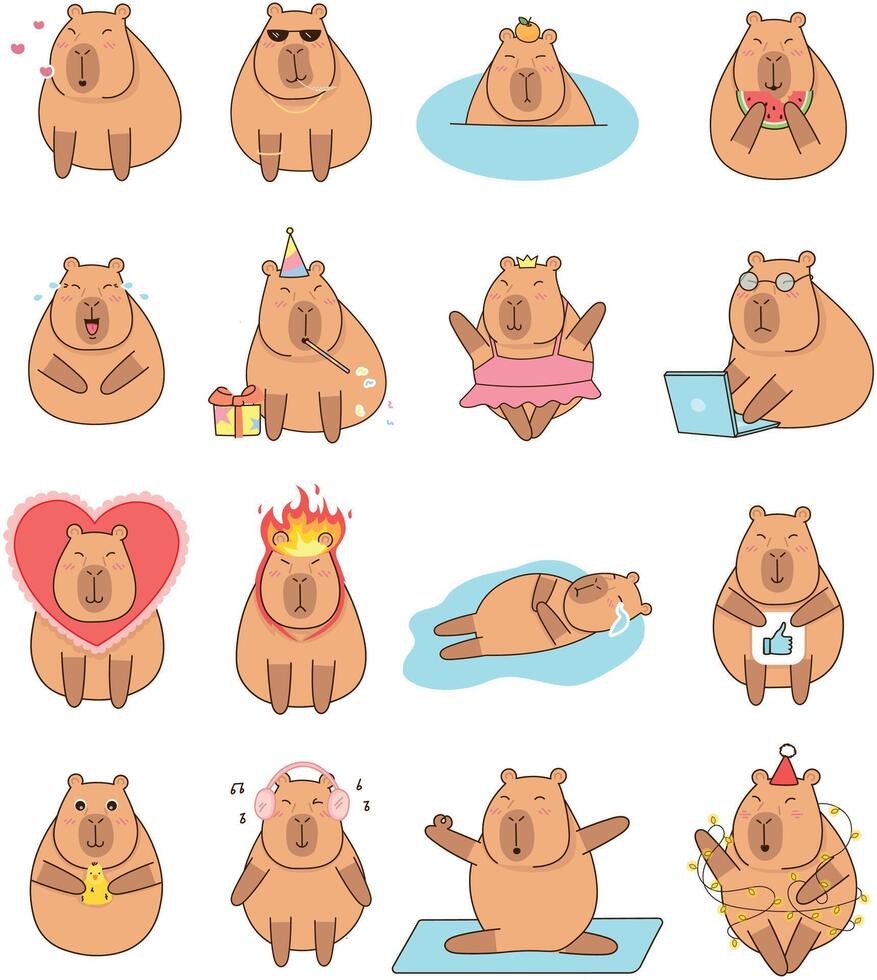 Set capybara stickers. Emojis. Communication, text vector