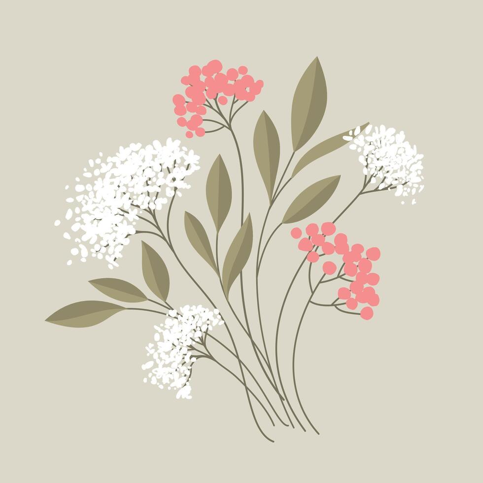 White and pink flower stems and green leafy branches. vector