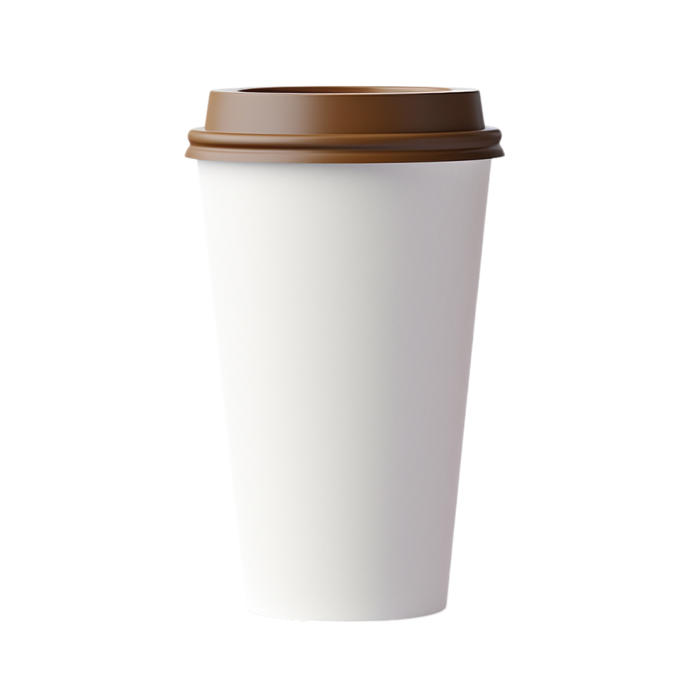 Disposable coffee cup with a brown lid and white textured design on a plain png