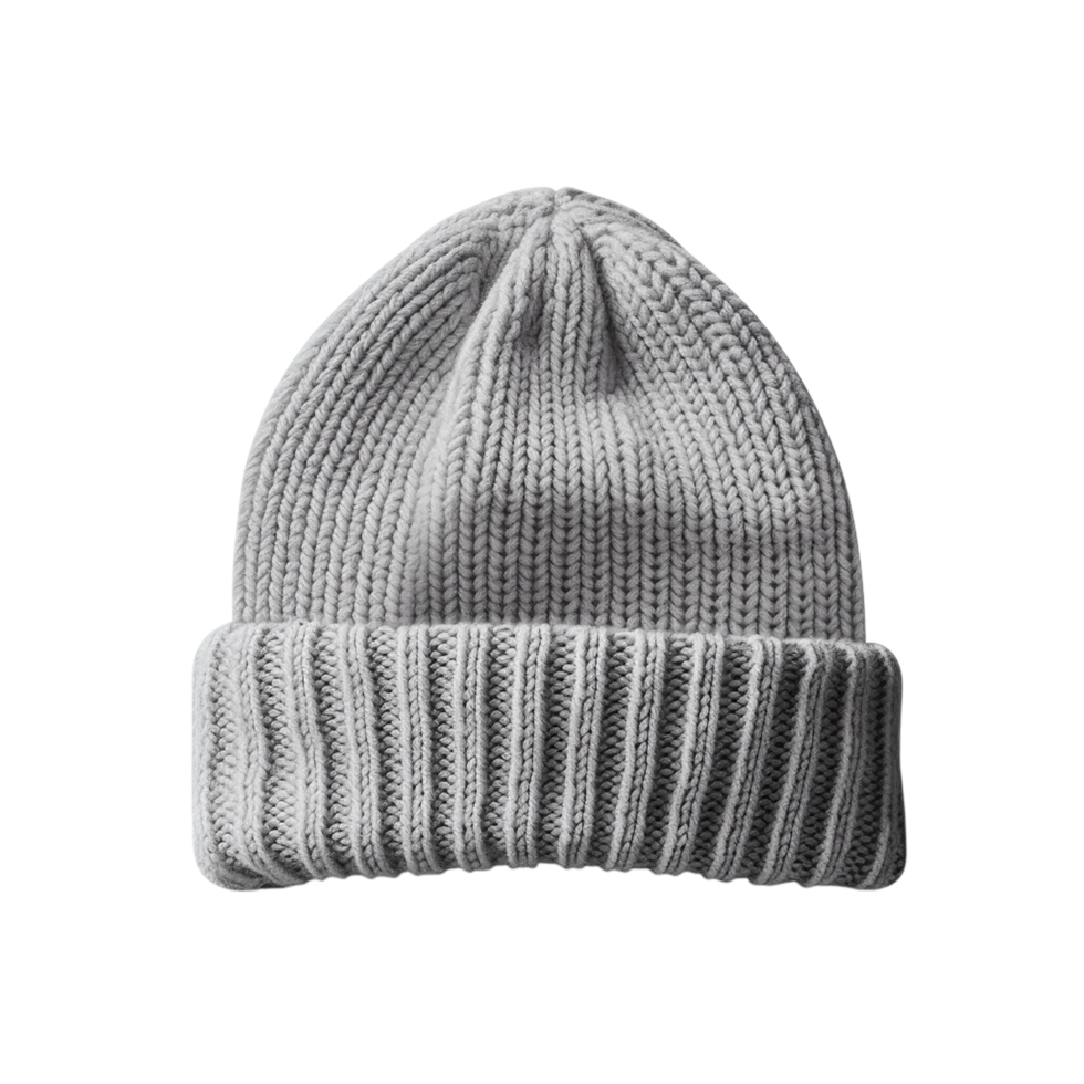 Warm knitted grey beanie with folded brim and soft fabric texture png