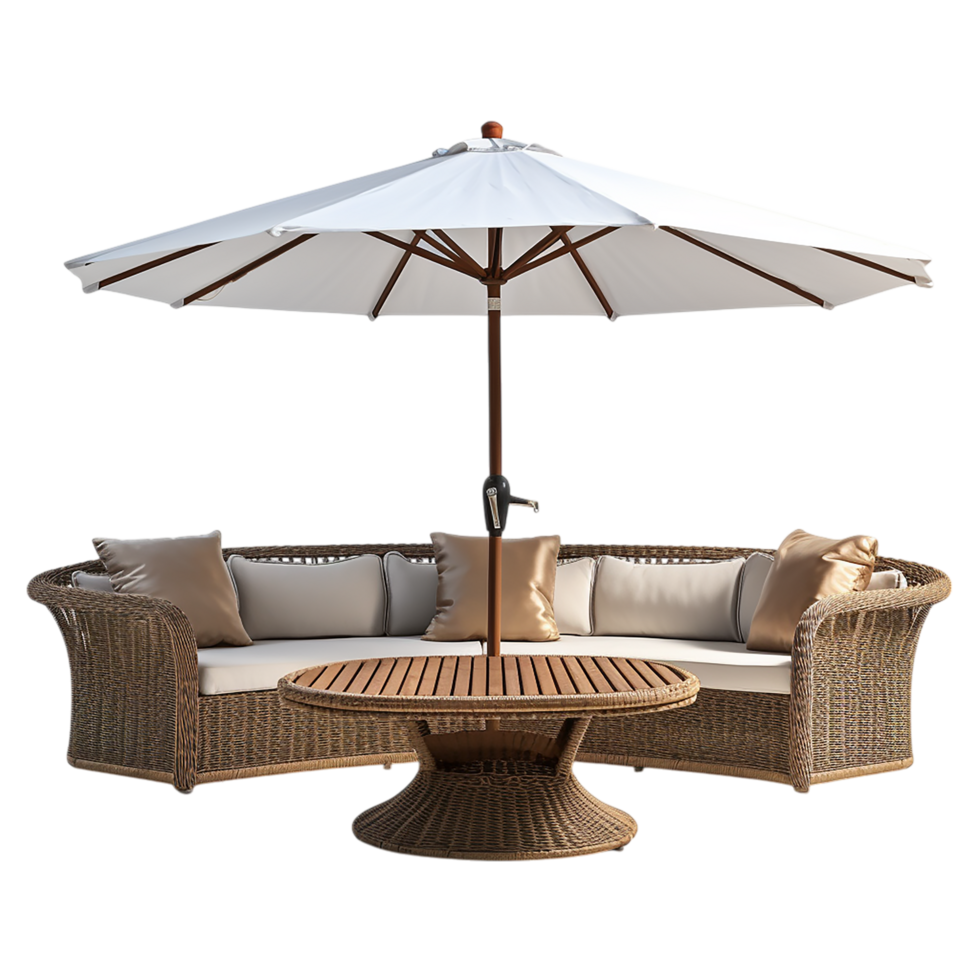 Stylish outdoor patio set with umbrella, table, and chairs creating a relaxing seating arrangement png