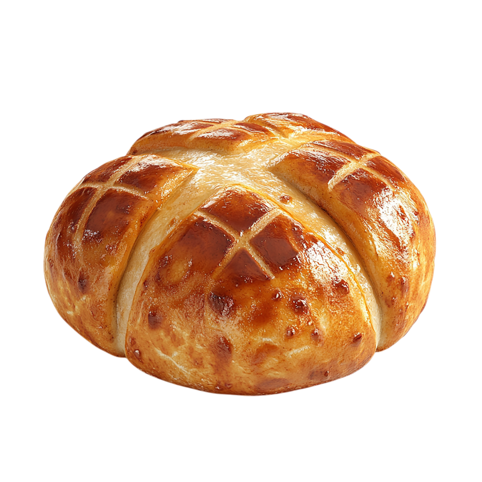 Golden brown bread roll with crosshatch pattern and glossy baked crust png
