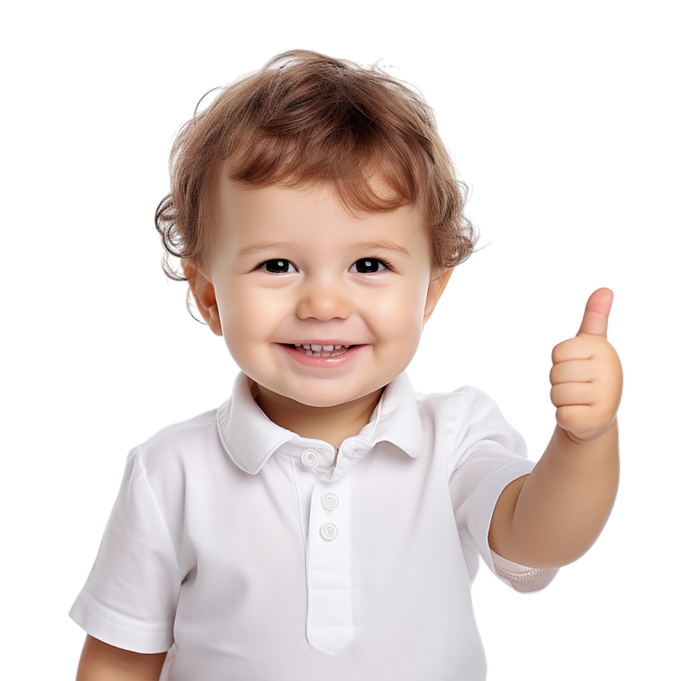 Smiling baby in white shirt showing a thumbs up with joyful expression png