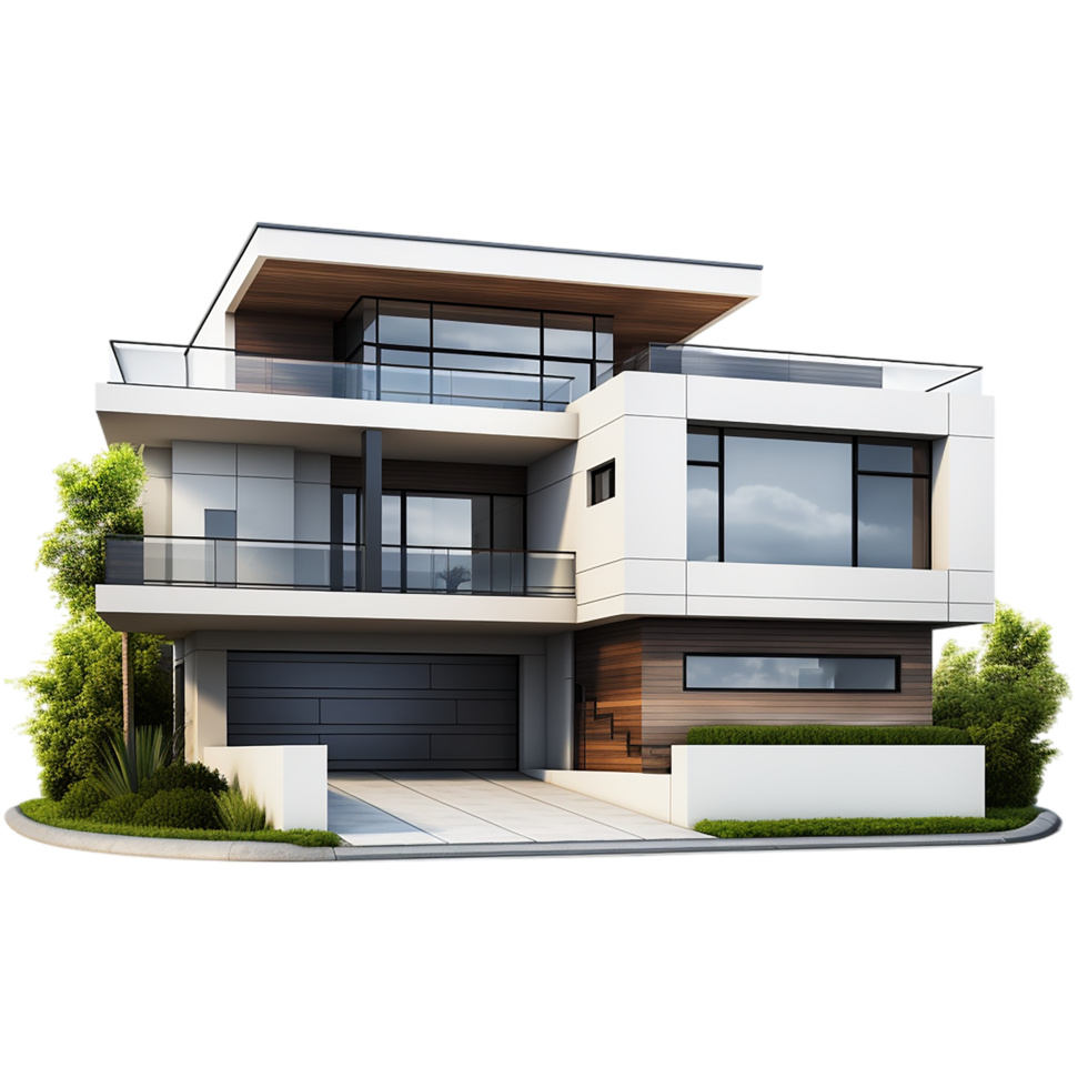 Modern minimalist multistory house with clean architectural lines, greenery, and sleek glass windows png