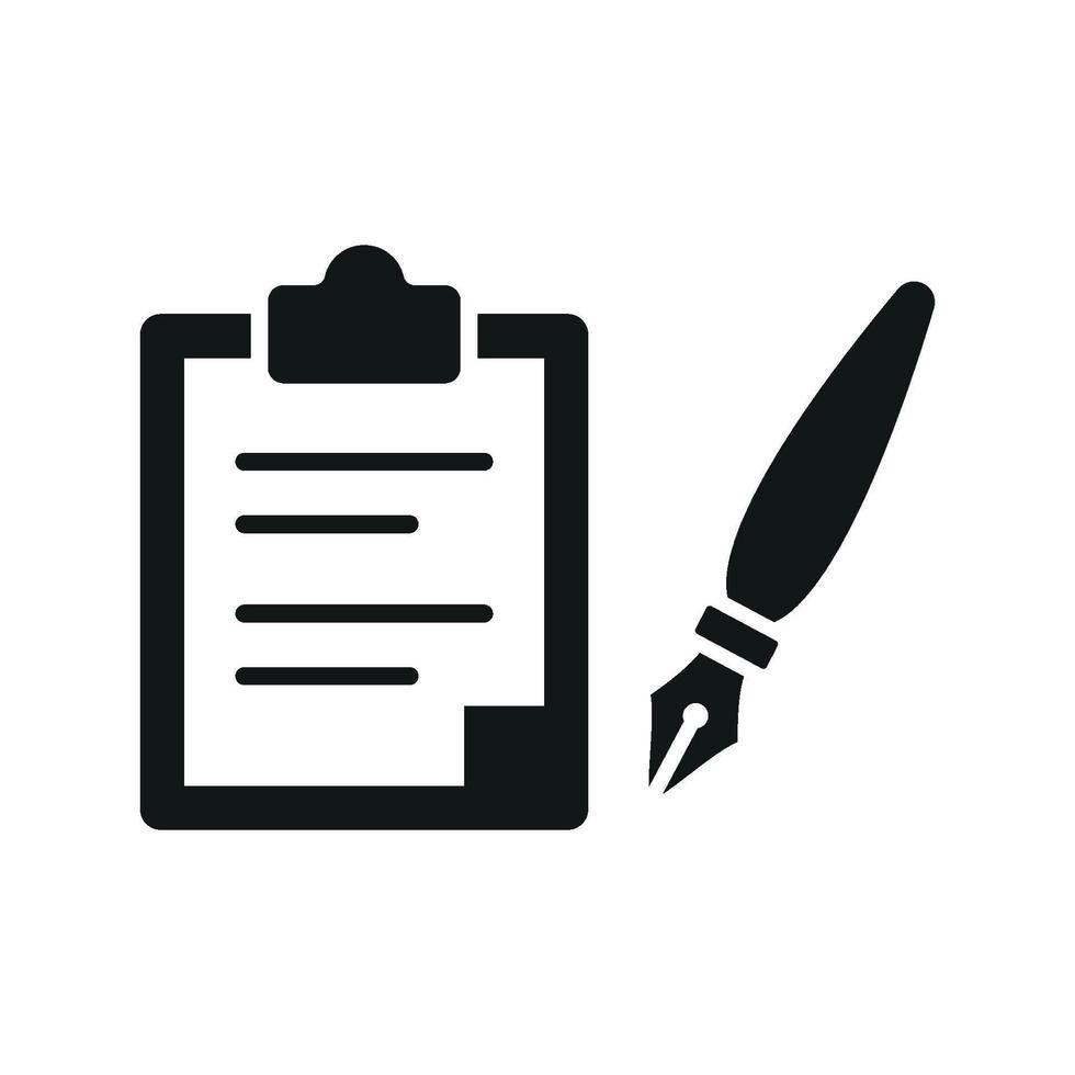 Clipboard and pen icon embodies a timeless and professional design, perfect for illustrating productivity tools, organizational systems, or checklist apps. vector