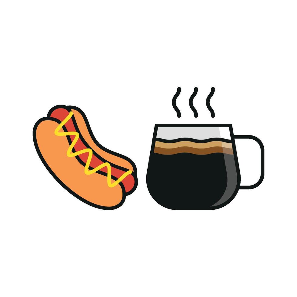 Coffee glass and hot dog icon highlights a practical and modern design, ideal for illustrating convenient meals, urban dining, or quick-serve food options. vector