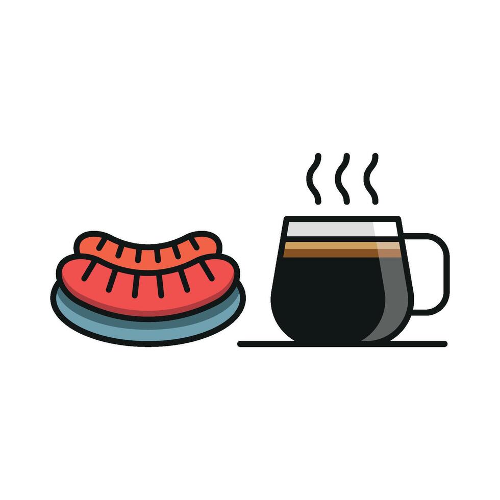 Coffee glass and sausage icon showcases a cozy and familiar design, perfect for enhancing visuals for cozy cafes, brunch spots, or home-cooked meals. vector