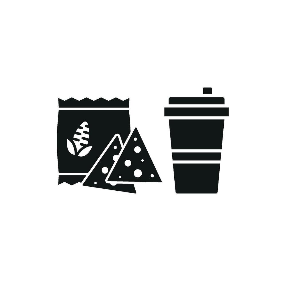 Drink and corn chips set icon showcases a playful and inviting design, perfect for promoting snack-time moments, quick bites, or casual dining options. vector