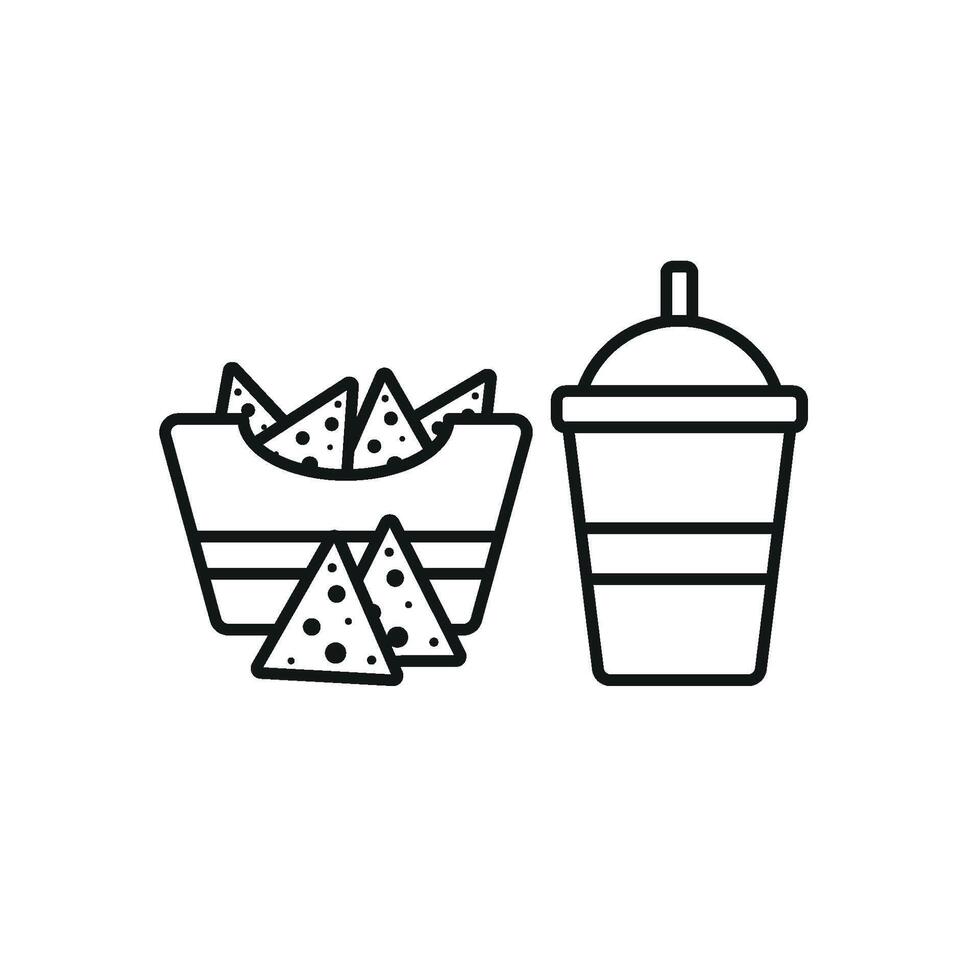 Drink and corn chips set icon embodies a relaxed and laid-back style, great for visualizing comfort food, social events, or party snacks. vector