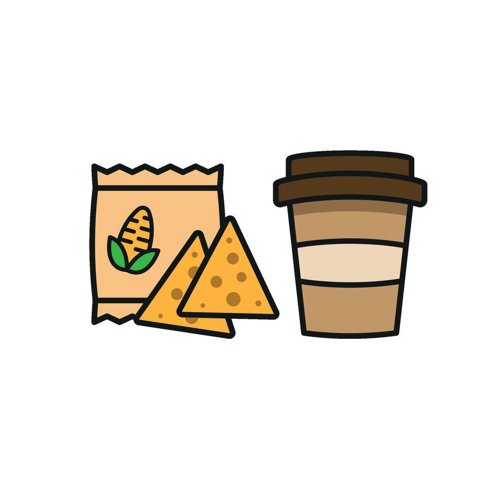 Drink and corn chips set icon delivers a tasty and approachable design, ideal for illustrating food pairings, catering services, or snack promotions. vector