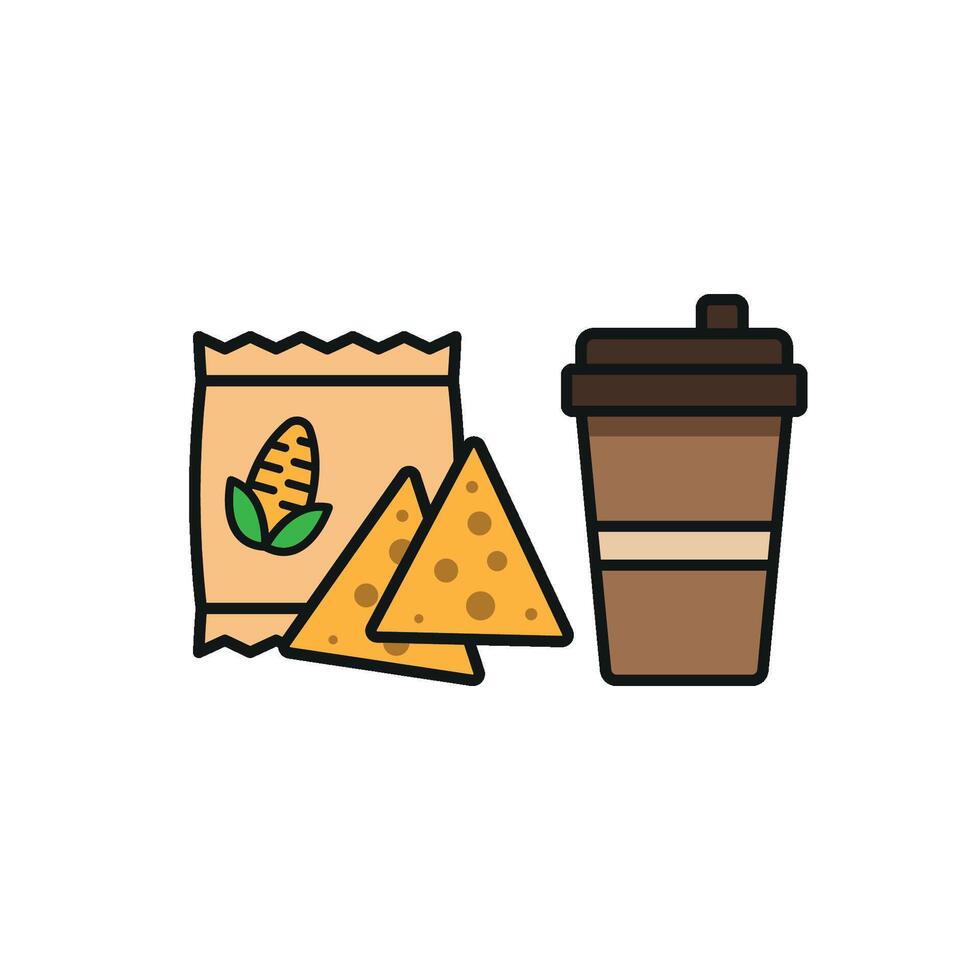 Drink and corn chips set icon embodies a fun and casual look, perfect for promoting light meals, snack sales, or office break ideas. vector