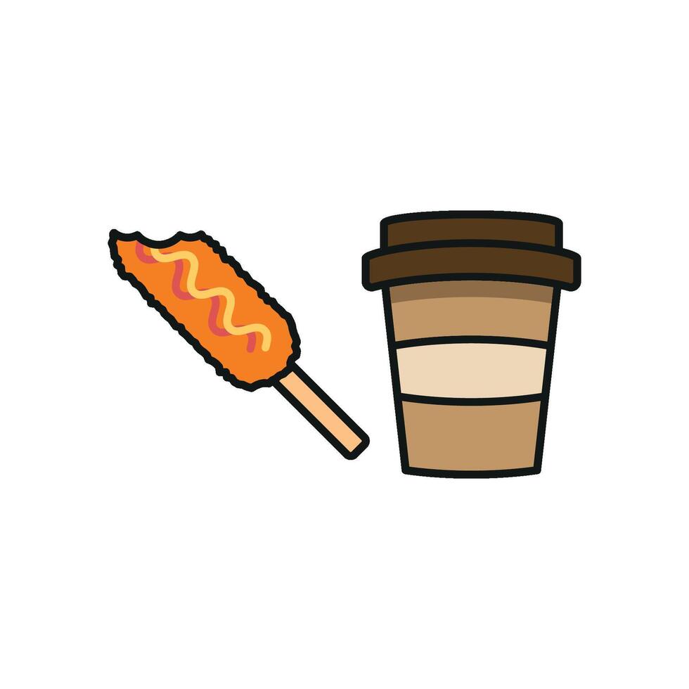 Drink and corn dog set icon embodies a hearty and satisfying aesthetic, perfect for representing comfort food, casual dining, or snack pairings. vector