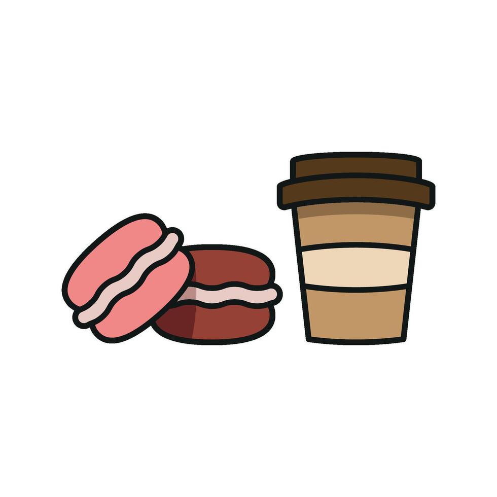Drink and macaron set icon featuring charming elements, ideal for family-friendly cafes or playful branding vector