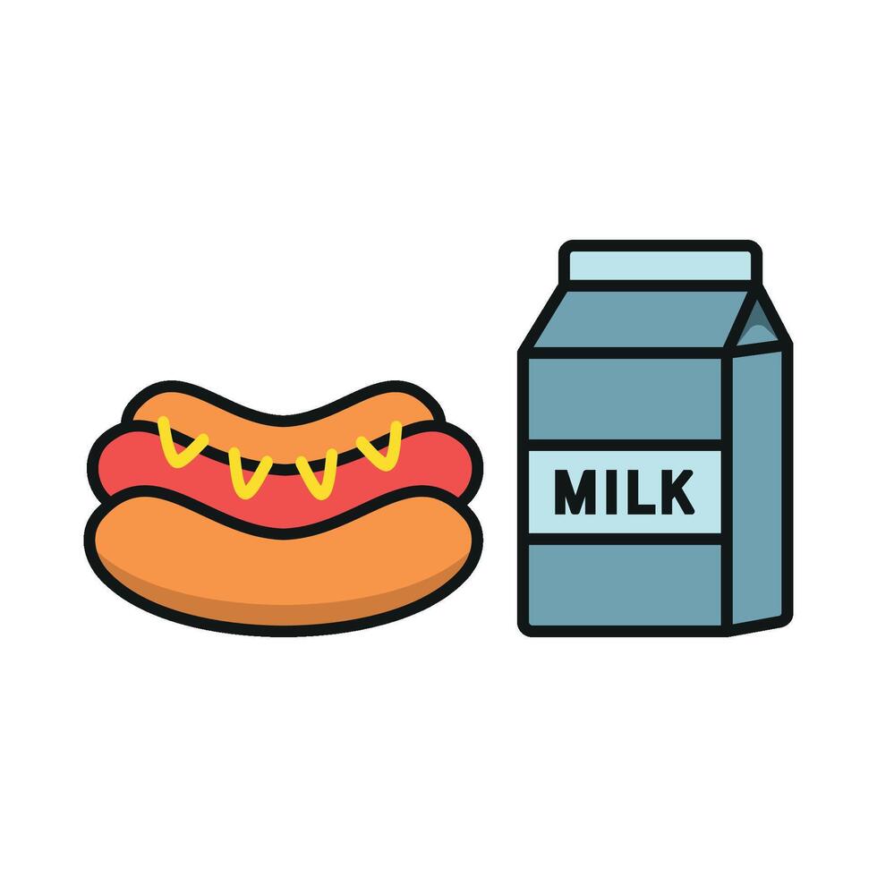Milk and hot dog set icon with vibrant colors and whimsical details, ideal for family-friendly dining or events vector