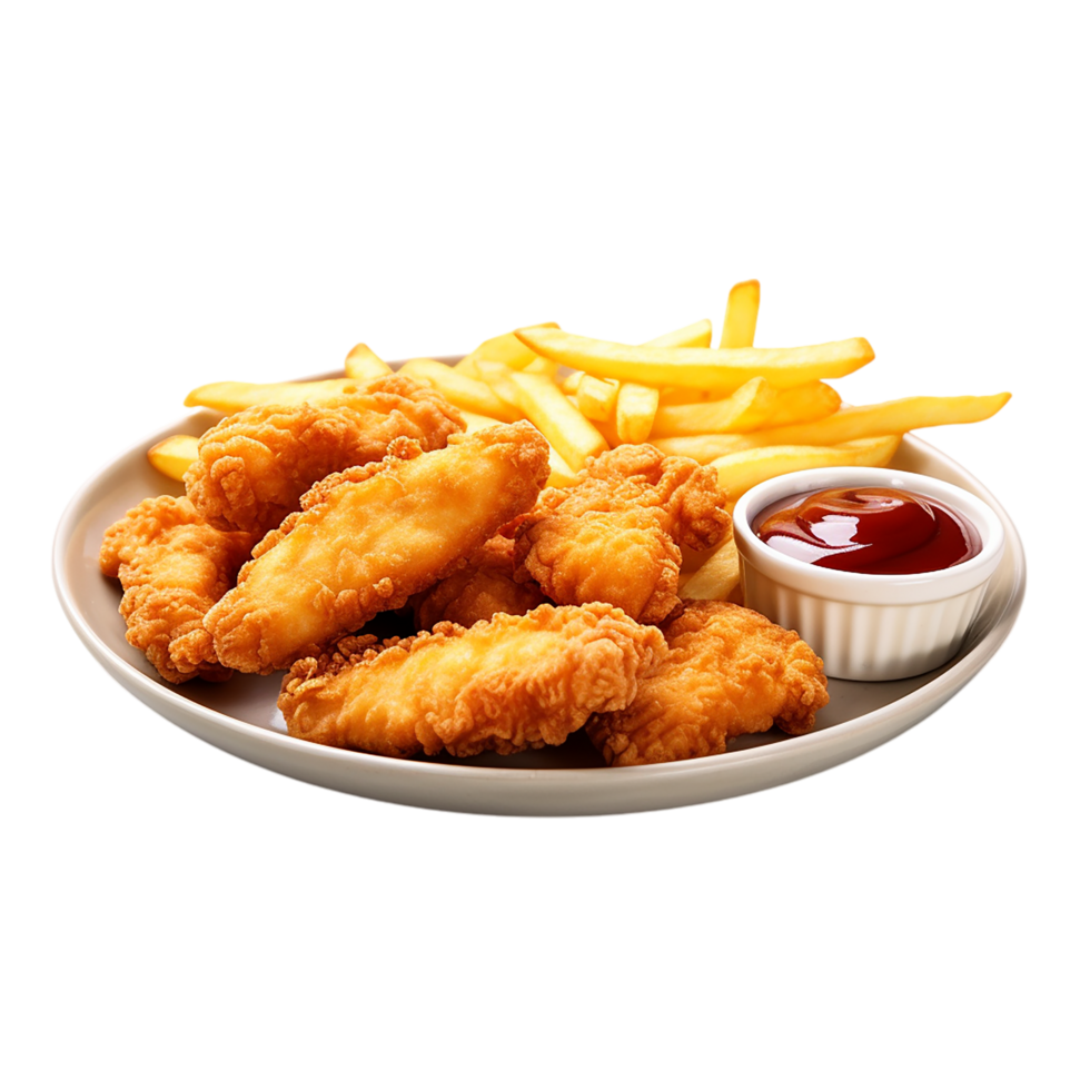 Crispy golden fried chicken wings served with fries and ketchup png