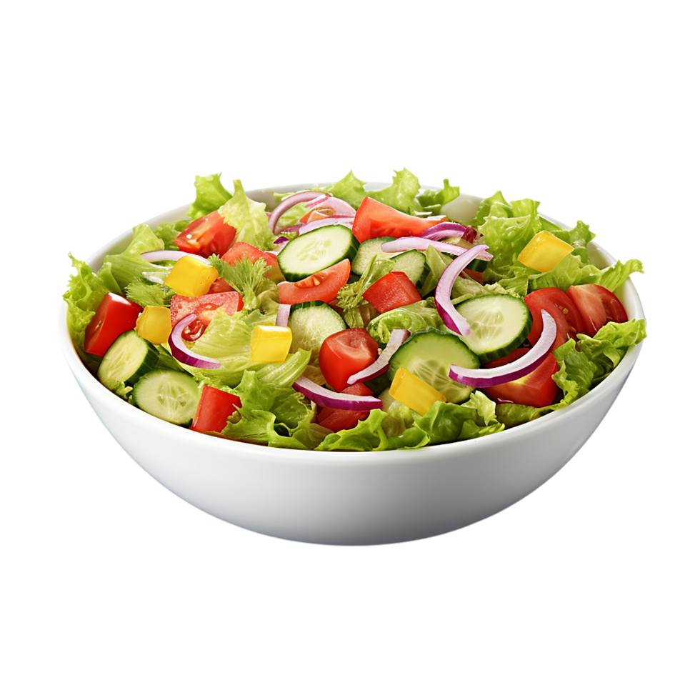 Healthy fresh vegetable salad in a white bowl with tomatoes, cucumbers, and lettuce png