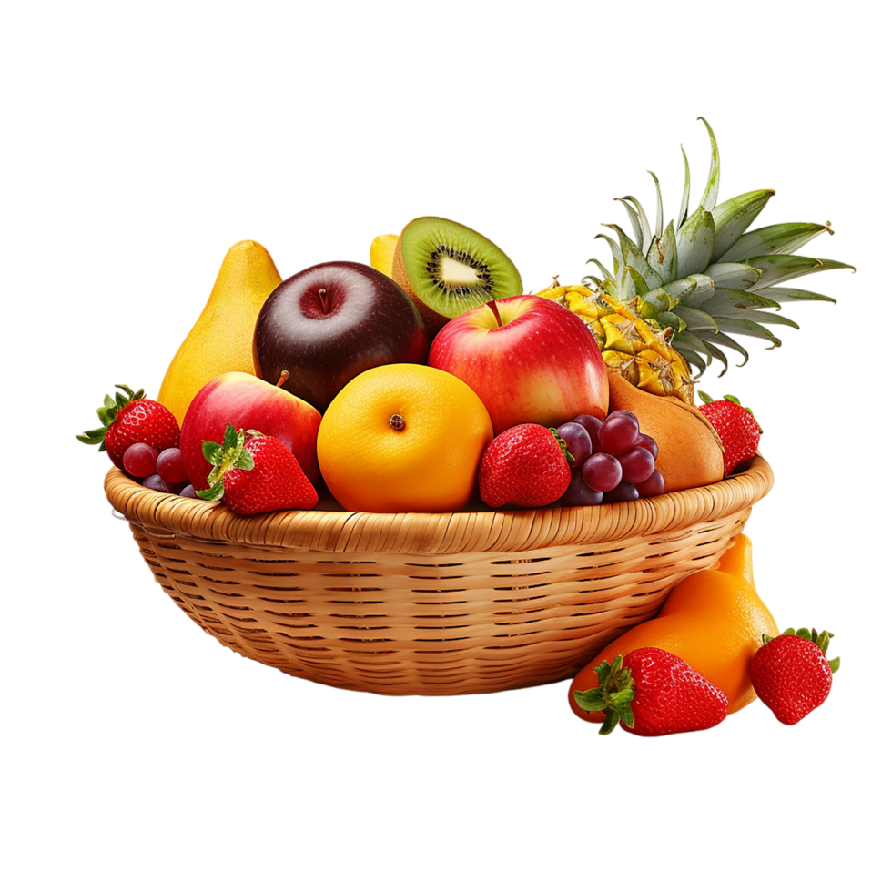 Fruit basket filled with apples, grapes, bananas, and colorful berries png